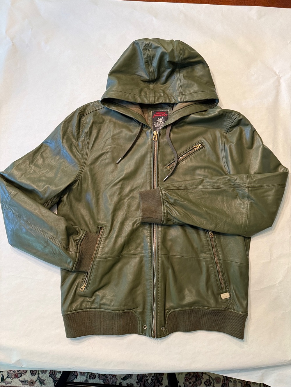Diesel Olive Green Leather Hooded Bomber Jacket